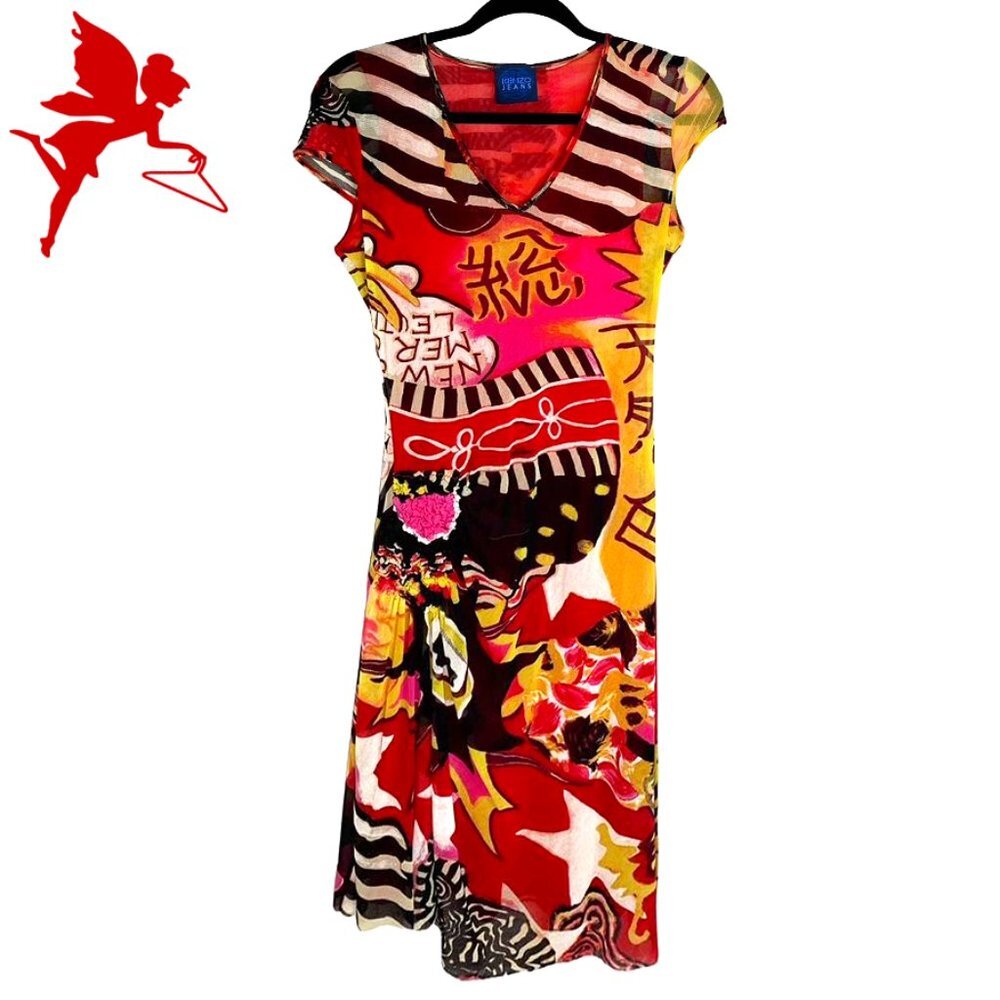 VINTAGE 90's Super Rare Kenzo Jeans Mesh Pop Art Dress - Picture 2 of 8
